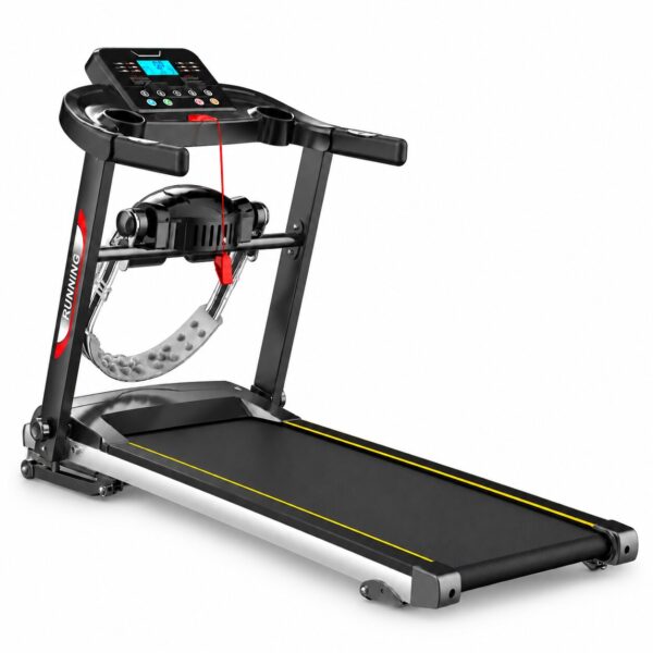 Tapis de course multifonction avec massage, noir et argent, sur fond blanc