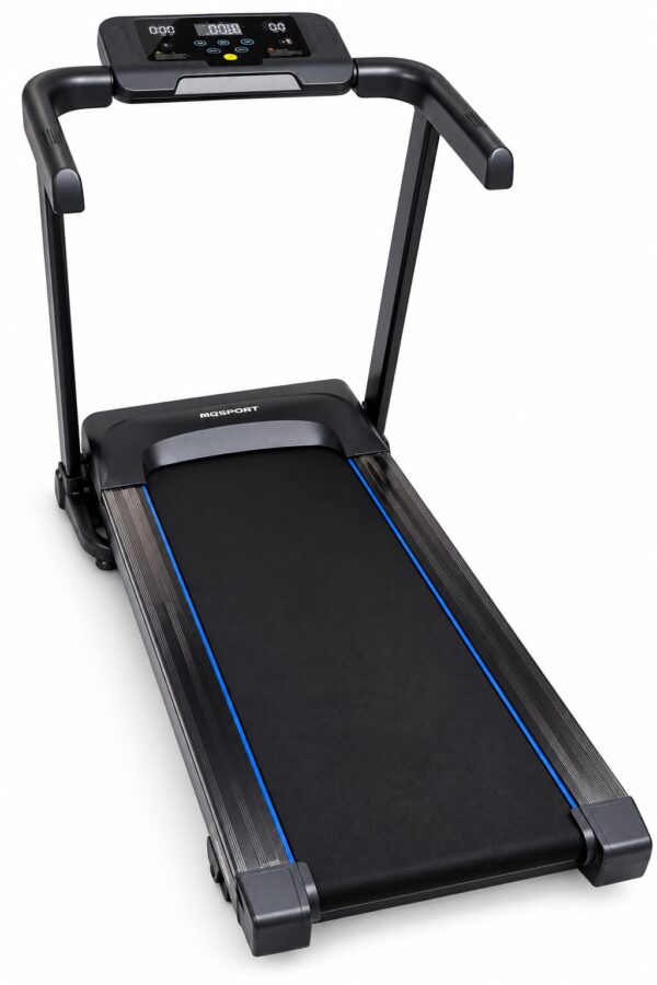 Tapis de course G1 noir, détails bleus, sur fond blanc