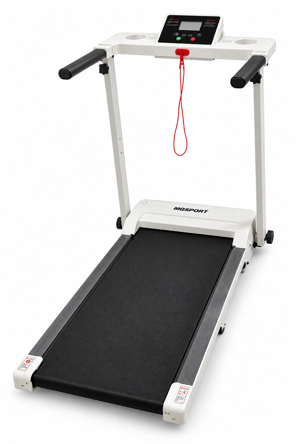 Tapis de course blanc MQSPORT avec barres d’appui, console et clé de sécurité rouge, sur fond blanc