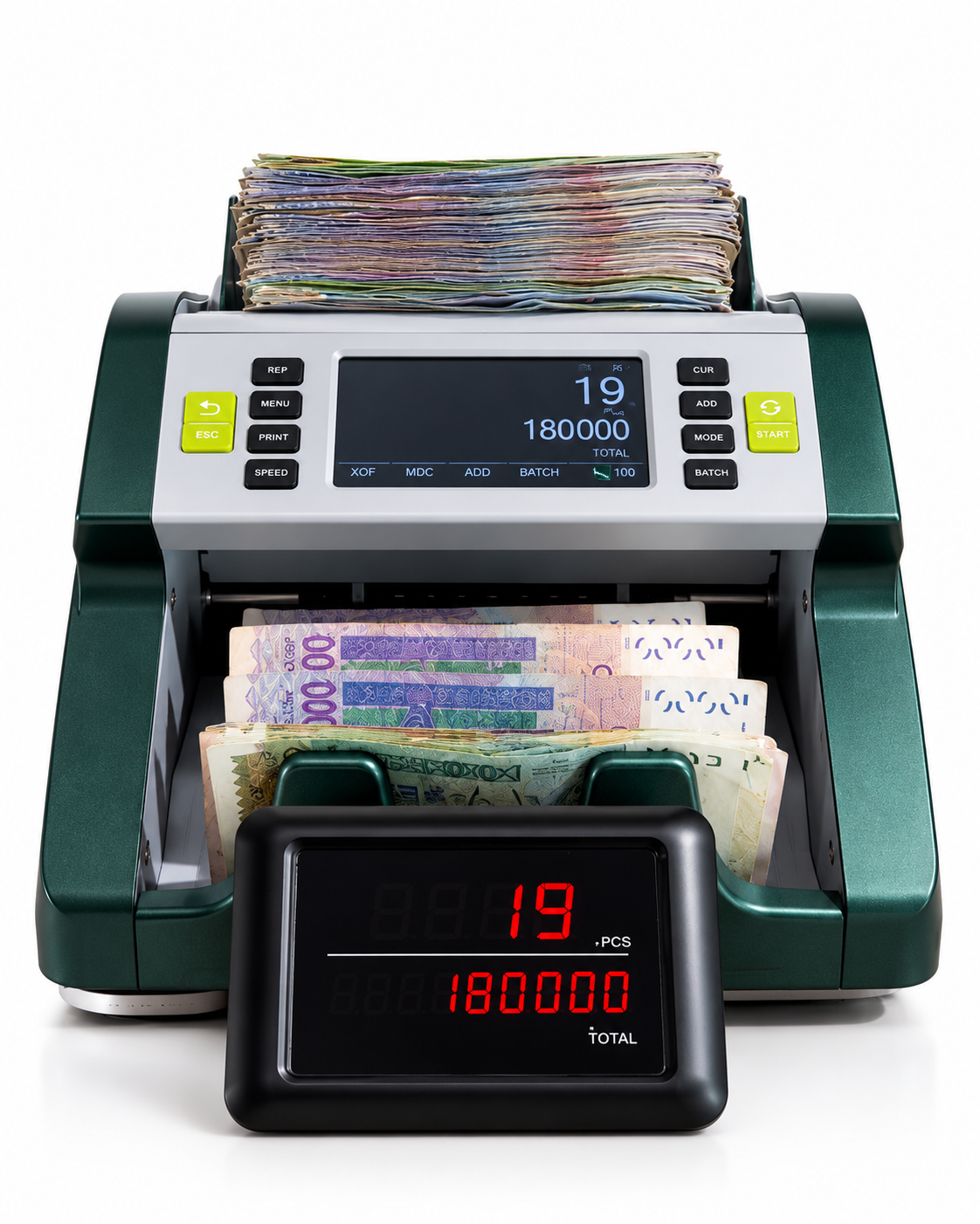 Compteur de billets CFA vert et argent avec billets et affichage externe du nombre et du total