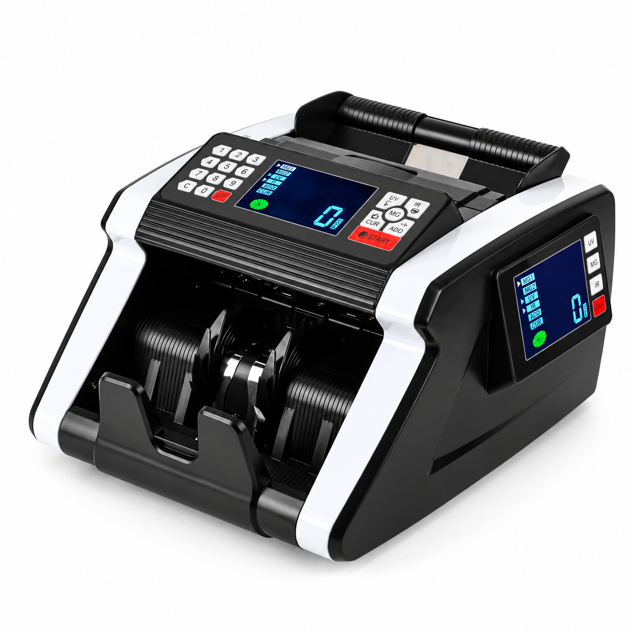 Compteur de billets automatique noir et argent à double affichage avec commandes UV, MG et IR