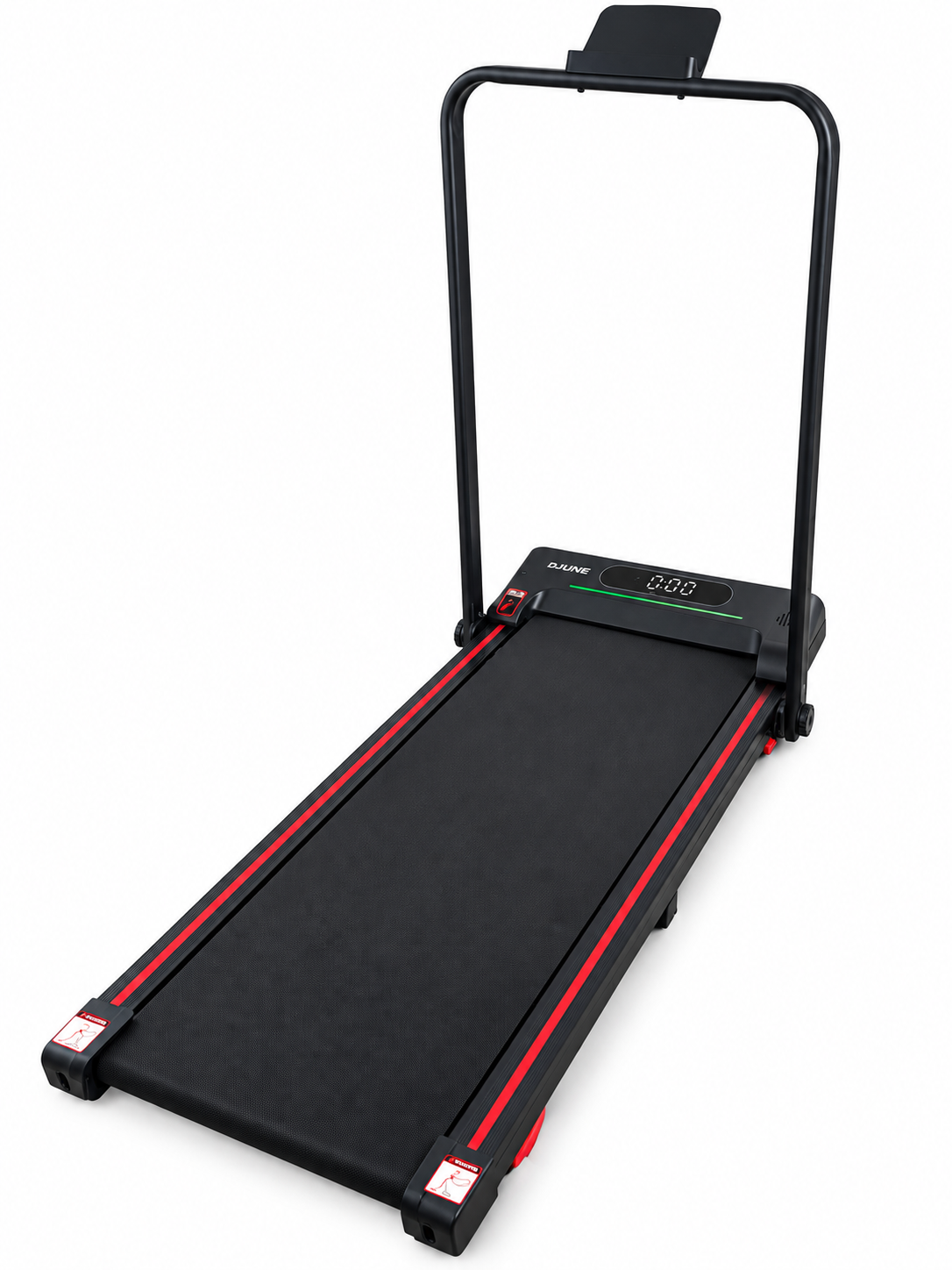 Tapis de course DJUNE noir et rouge avec barre d’appui et support pour téléphone, vue de trois quarts