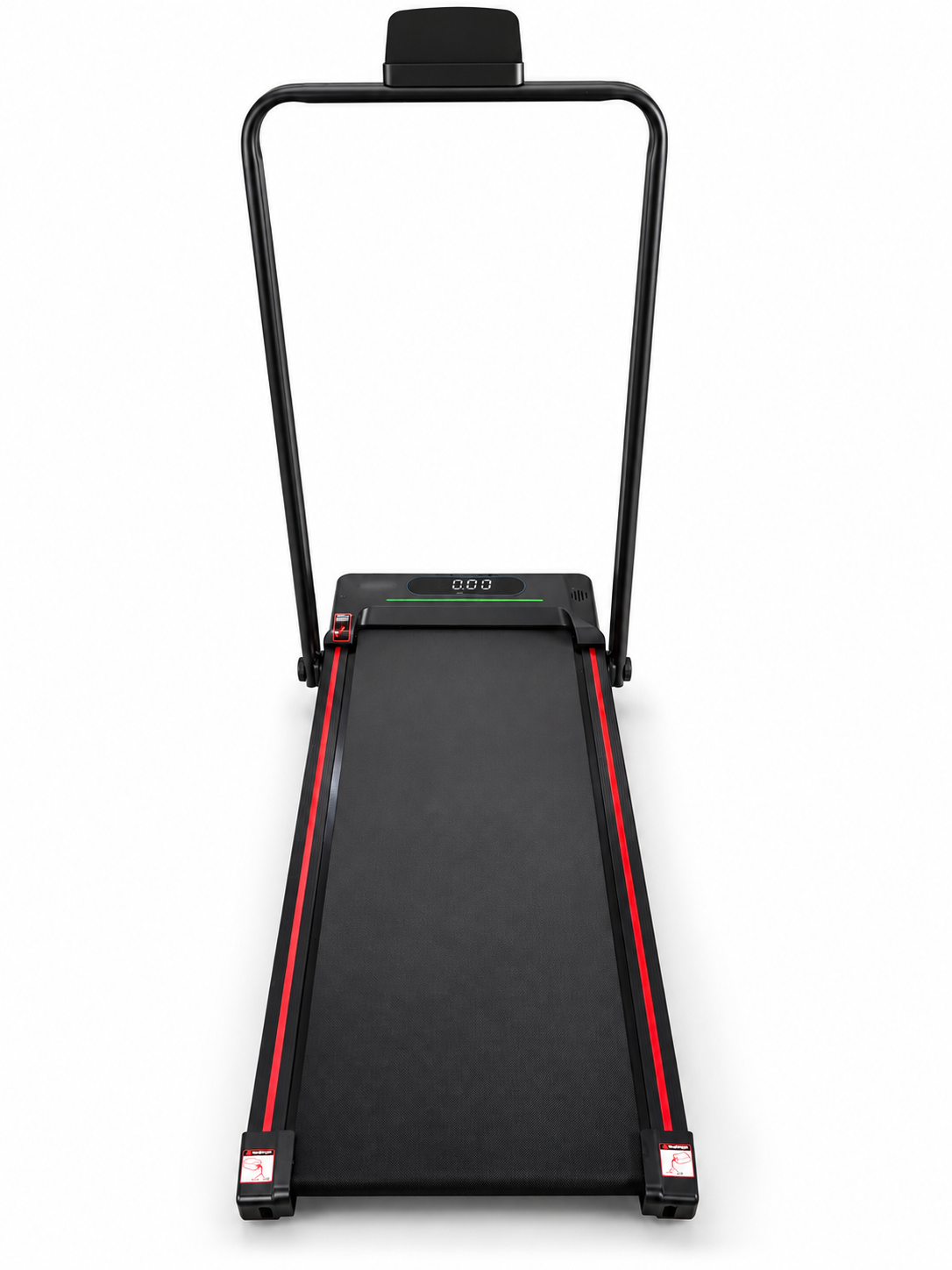 Tapis de course DJUNE noir et rouge avec barre d’appui, vue de face